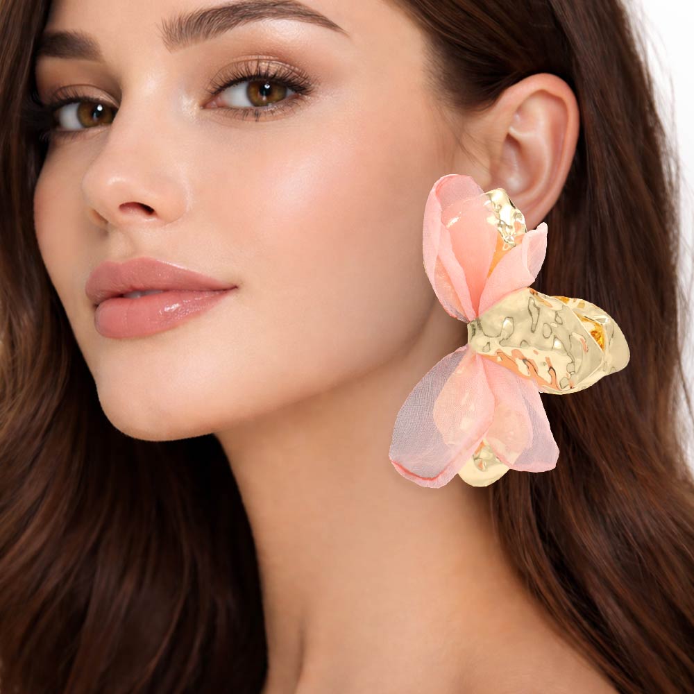 Madeline Love Gold, Light, Pink Oversized Sculpted Floral Petal Earrings