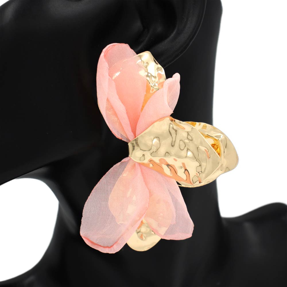 Madeline Love Gold, Light, Pink Oversized Sculpted Floral Petal Earrings - desc
