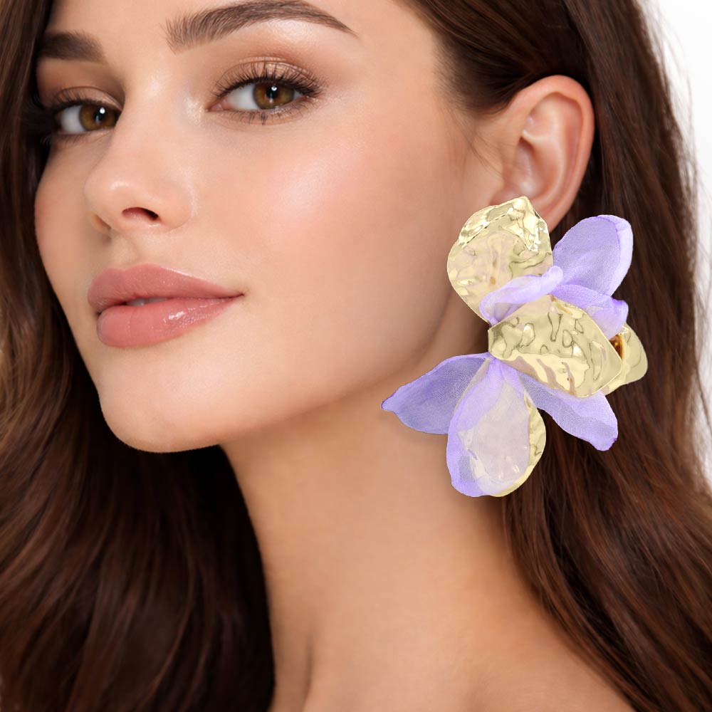 Madeline Love Gold, Light, Purple Oversized Sculpted Floral Petal Earrings