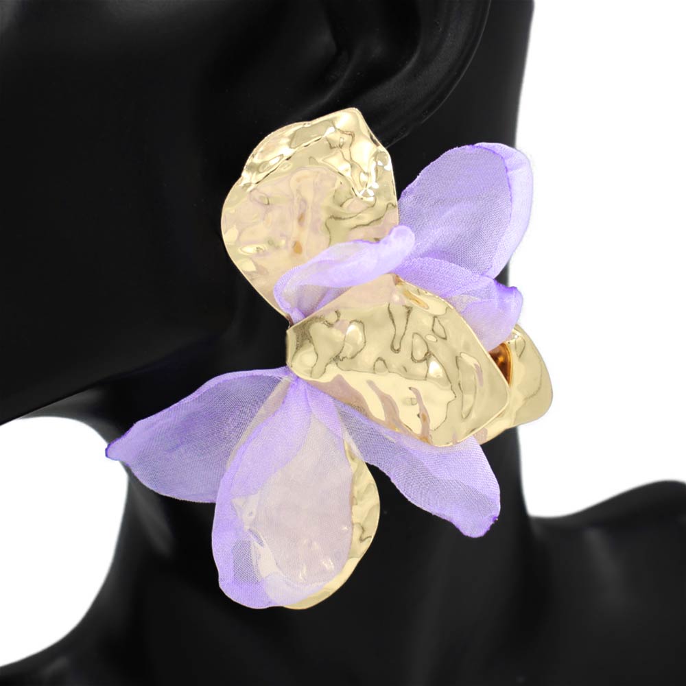 Madeline Love Gold, Light, Purple Oversized Sculpted Floral Petal Earrings - desc