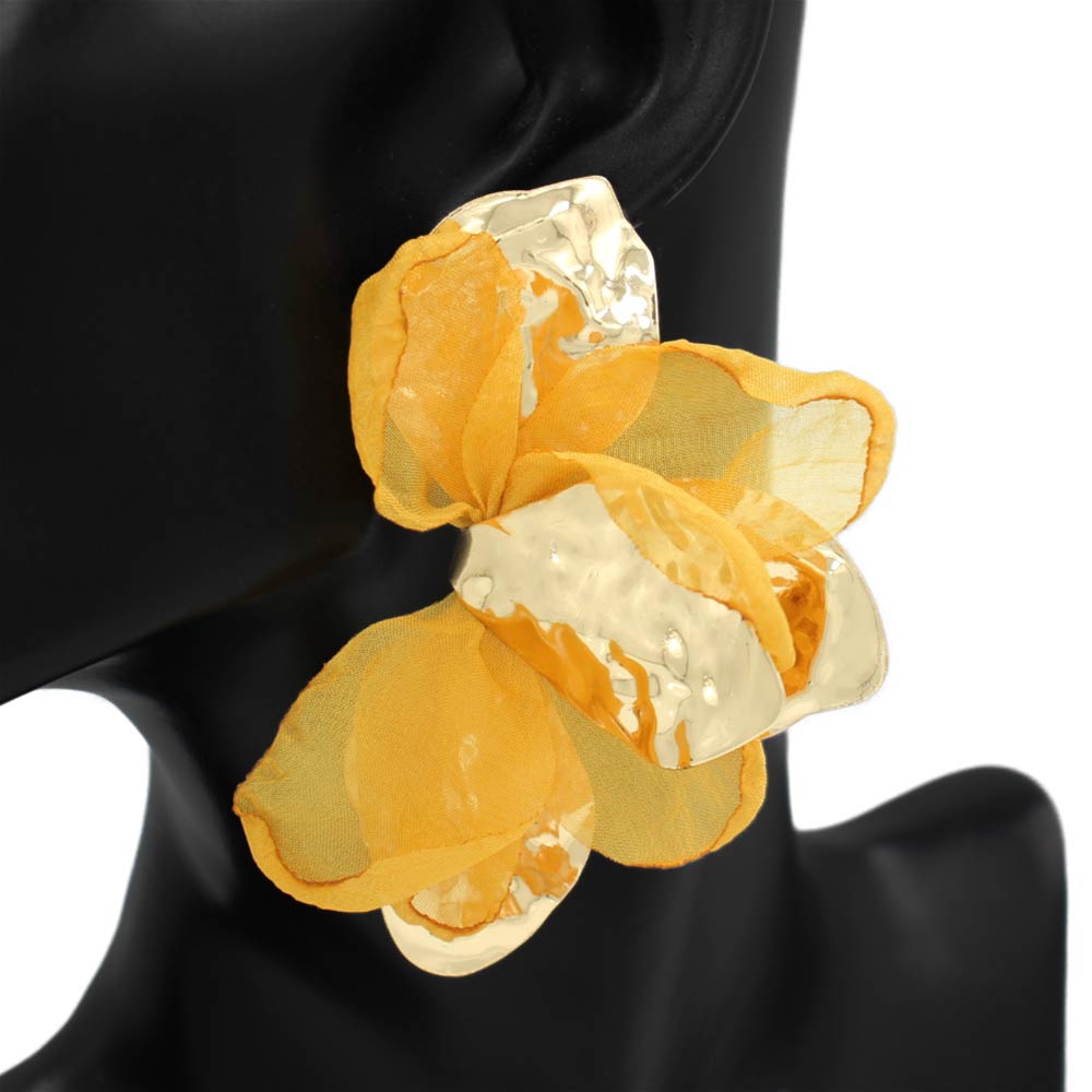 Madeline Love Gold, Mustard Oversized Sculpted Floral Petal Earrings - desc