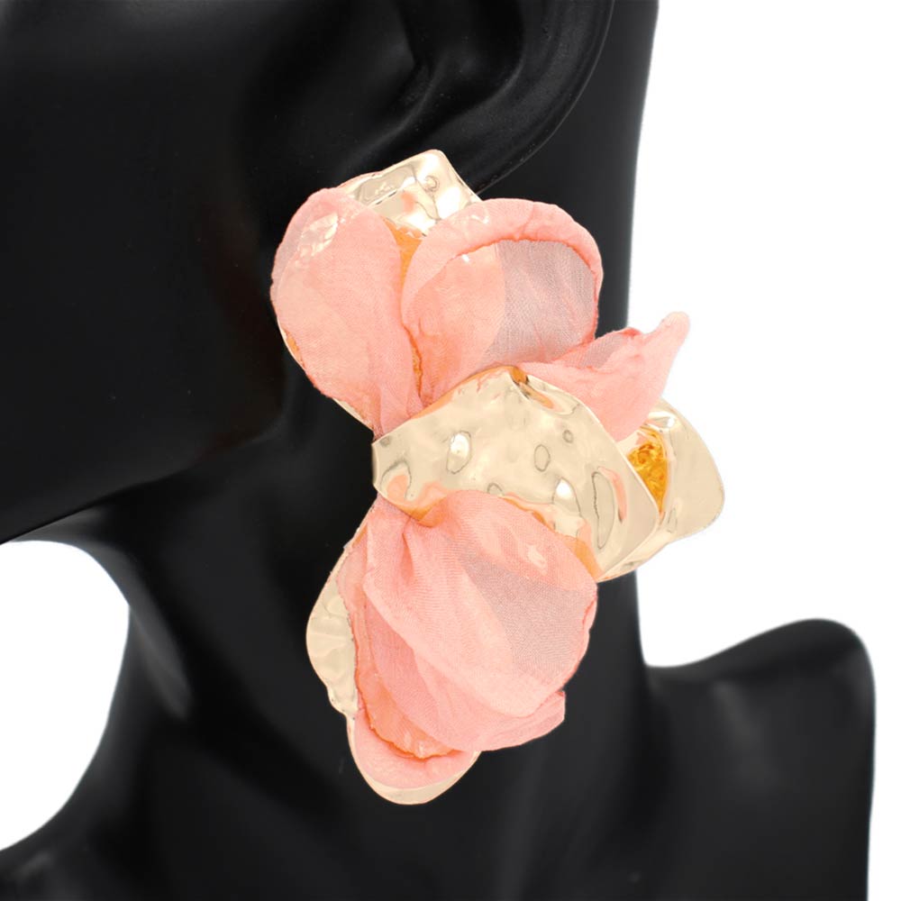 Madeline Love Gold, Peach Oversized Sculpted Floral Petal Earrings - desc