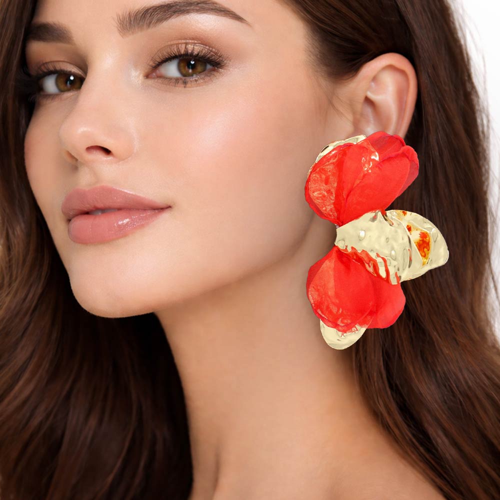 Madeline Love Gold, Red Oversized Sculpted Floral Petal Earrings