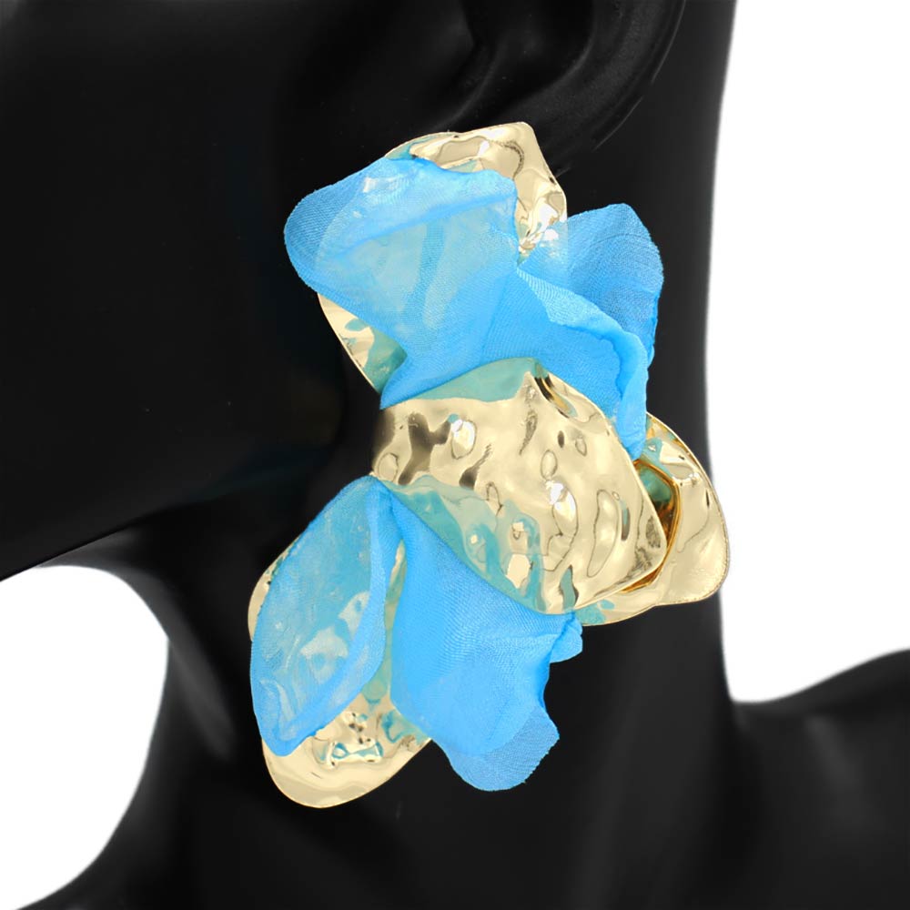 Madeline Love Gold, Turquoise Oversized Sculpted Floral Petal Earrings - desc