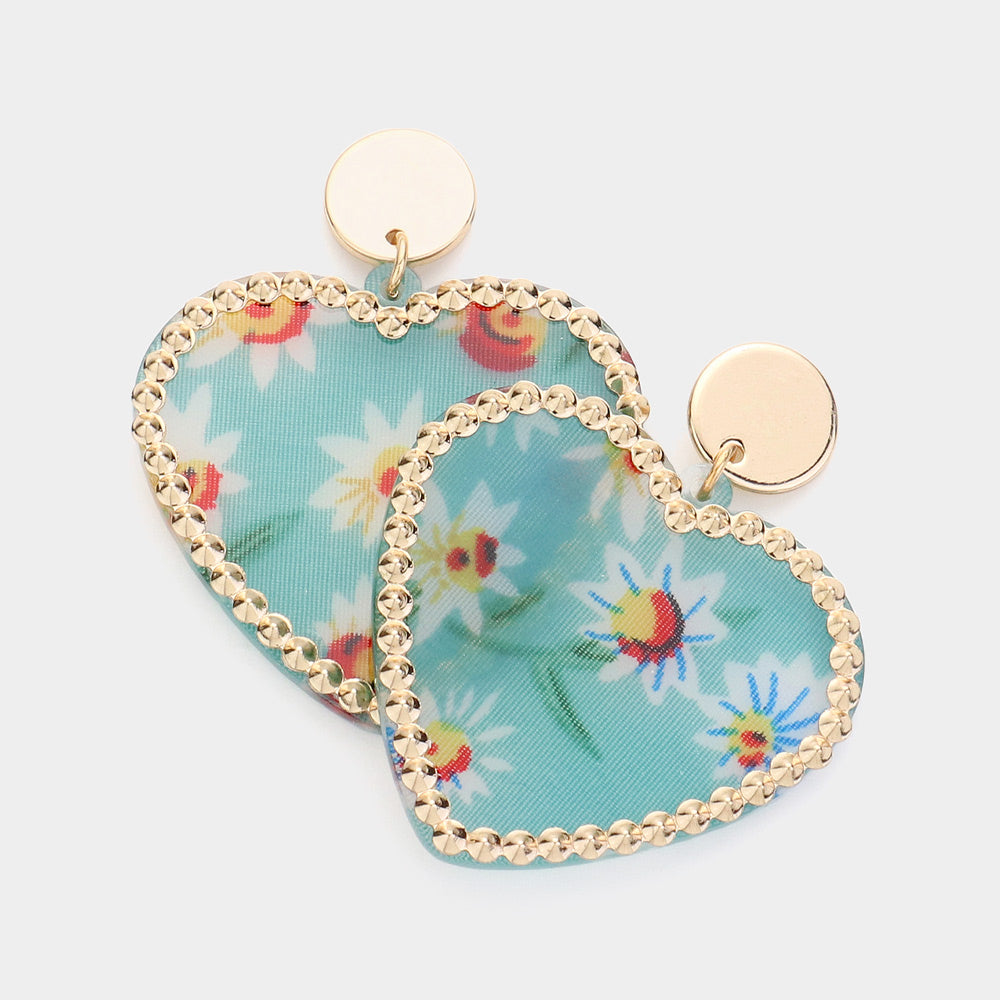 Flower Patterned Resin Heart Dangle Earrings