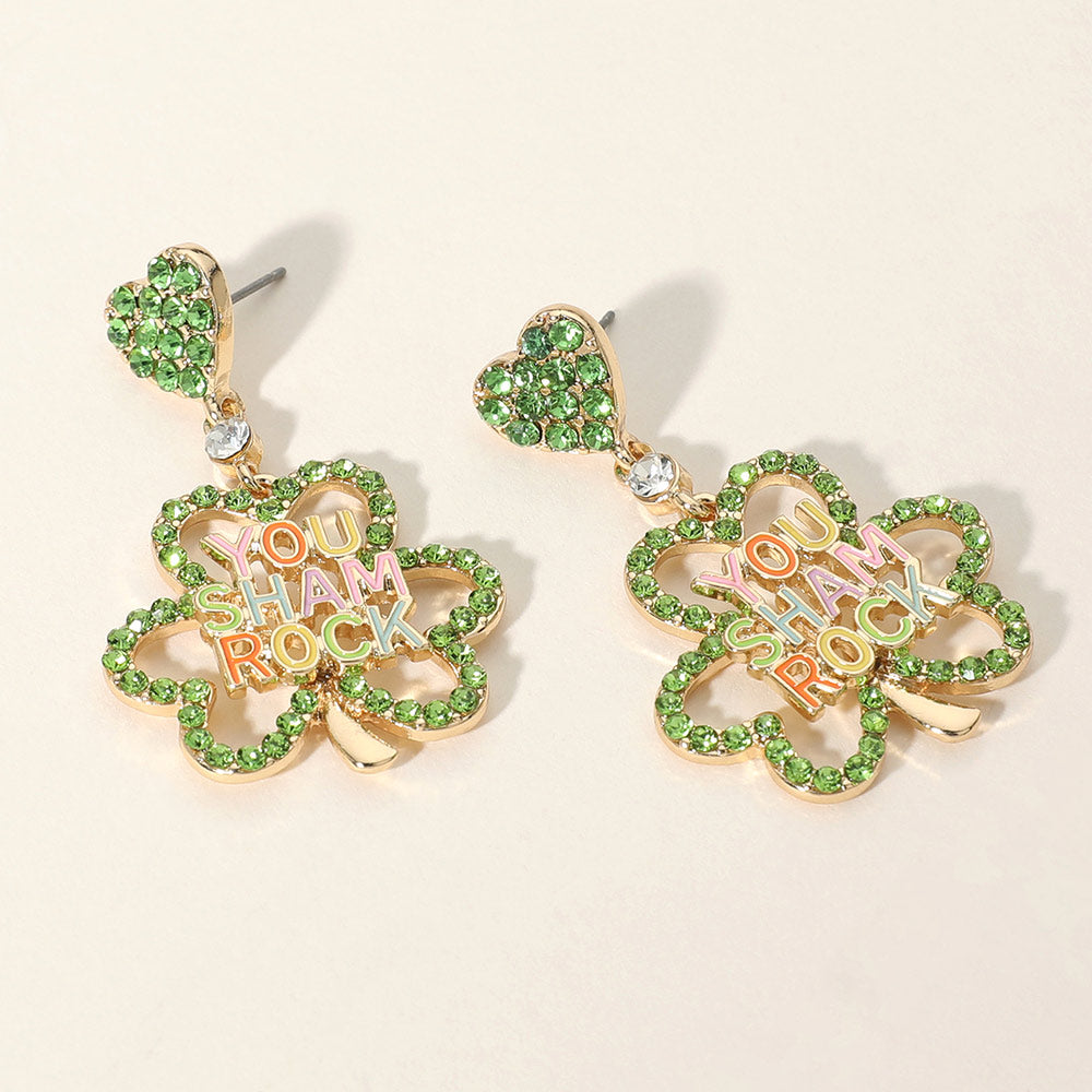 Madeline Love Gold, Green YOU SHAMROCK Message Pointed Stone Paved Shamrock Dangle Earrings