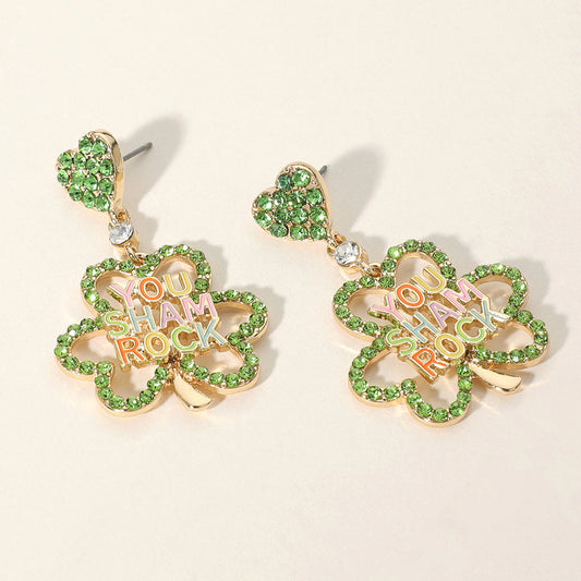 Madeline Love Gold, Green YOU SHAMROCK Message Pointed Stone Paved Shamrock Dangle Earrings