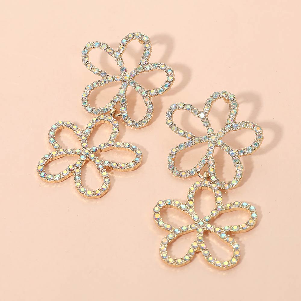 Madeline Love AB, Gold Stone Paved Open Flower Link Earrings