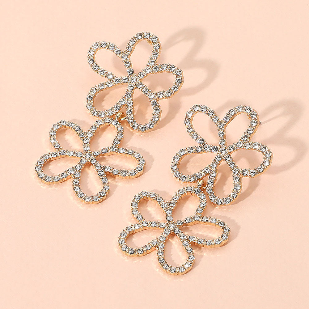 Madeline Love Clear, Gold Stone Paved Open Flower Link Earrings