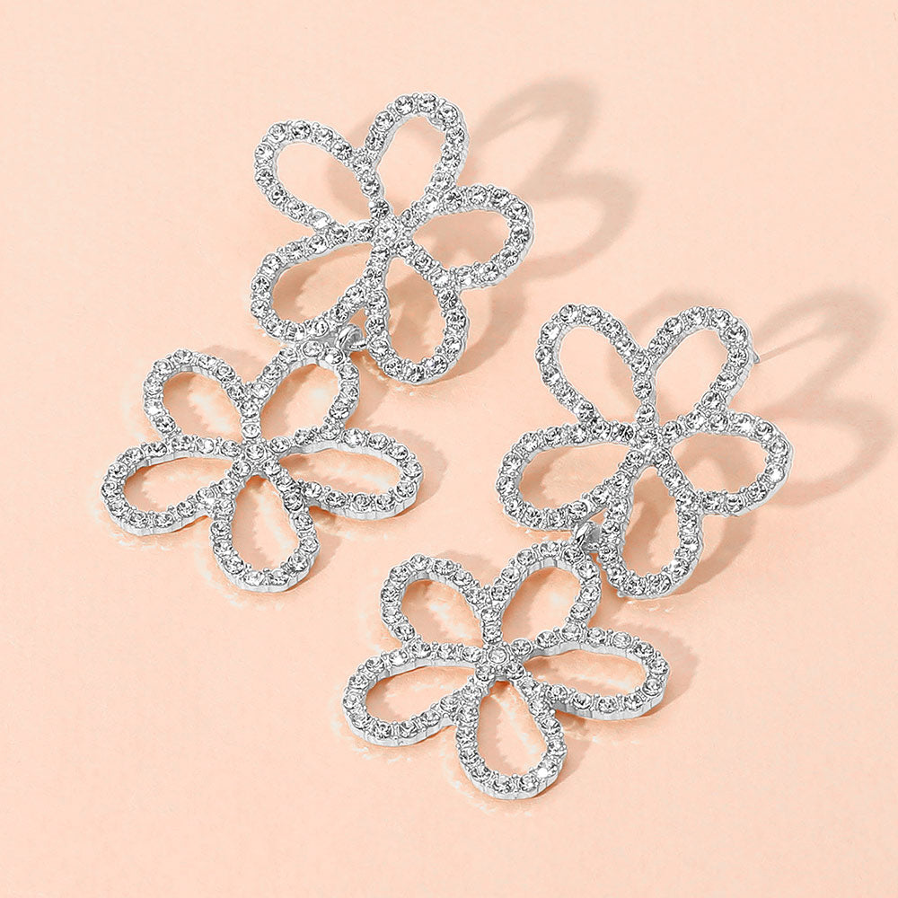 Madeline Love Clear, Silver Stone Paved Open Flower Link Earrings