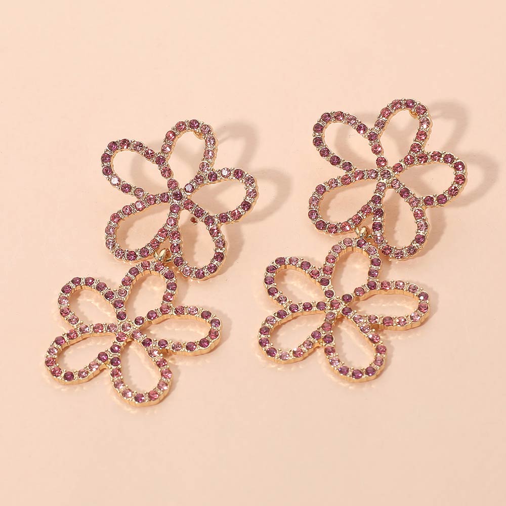 Madeline Love Gold, Pink Stone Paved Open Flower Link Earrings
