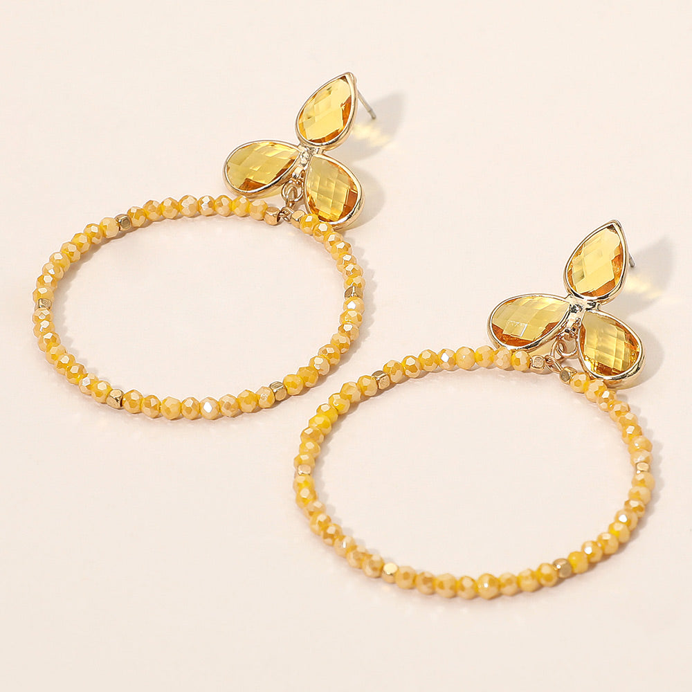 Madeline Love Mustard Triple Teardrop Accented Faceted Beaded Open Circle Dangle Earrings