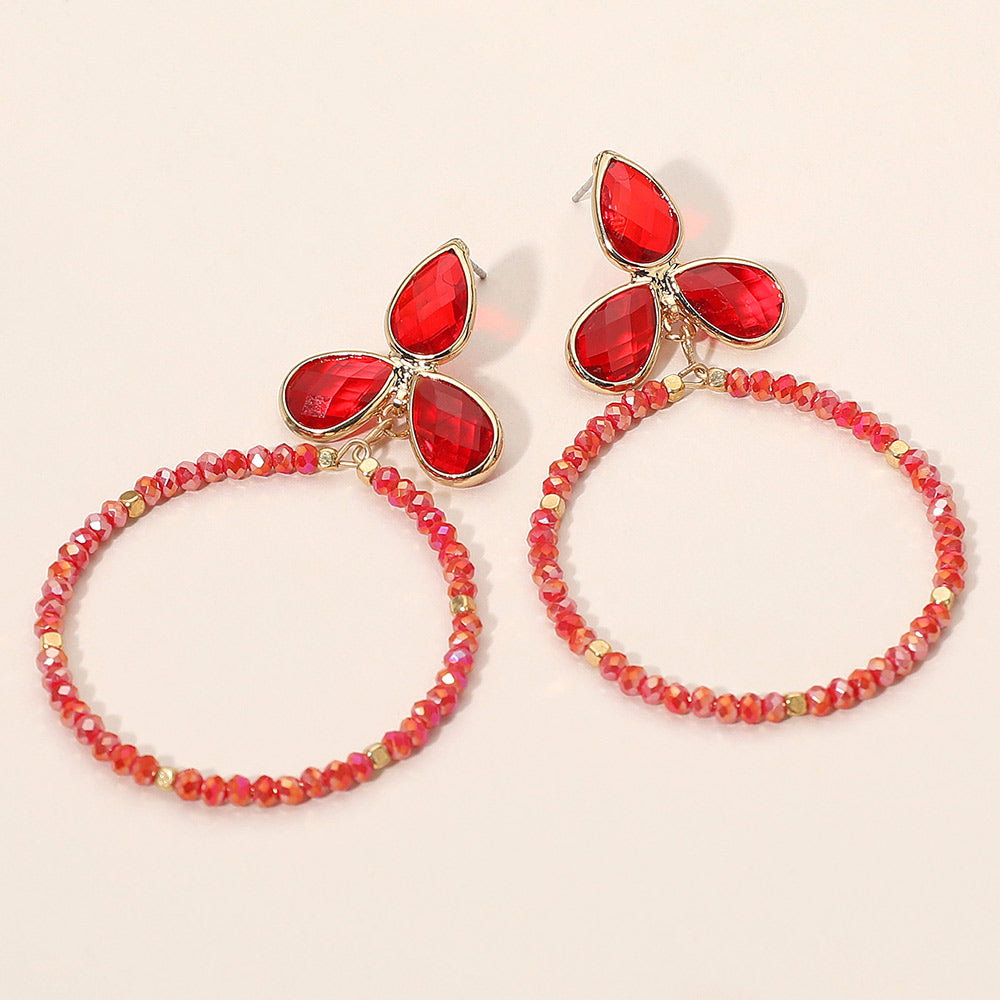 Madeline Love Red Triple Teardrop Accented Faceted Beaded Open Circle Dangle Earrings