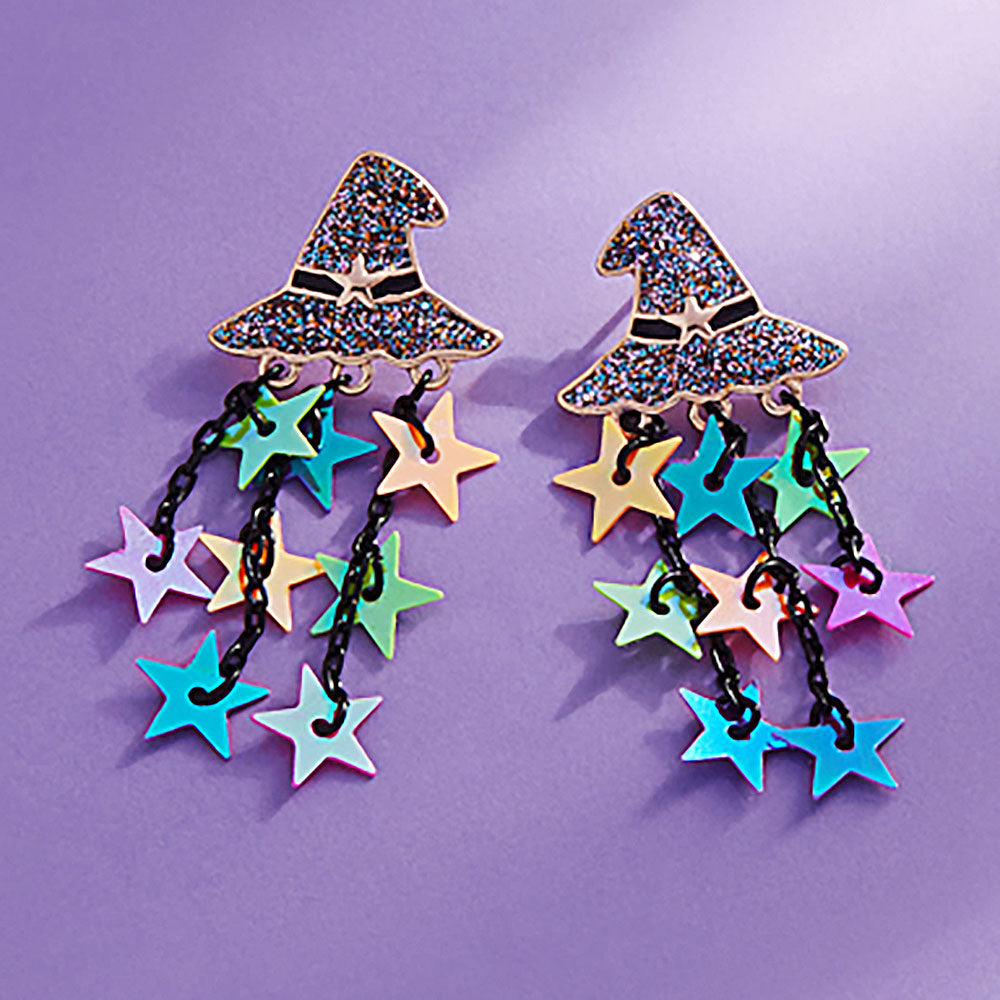 Multi Enamel Witch Hat Star Tassel Earrings