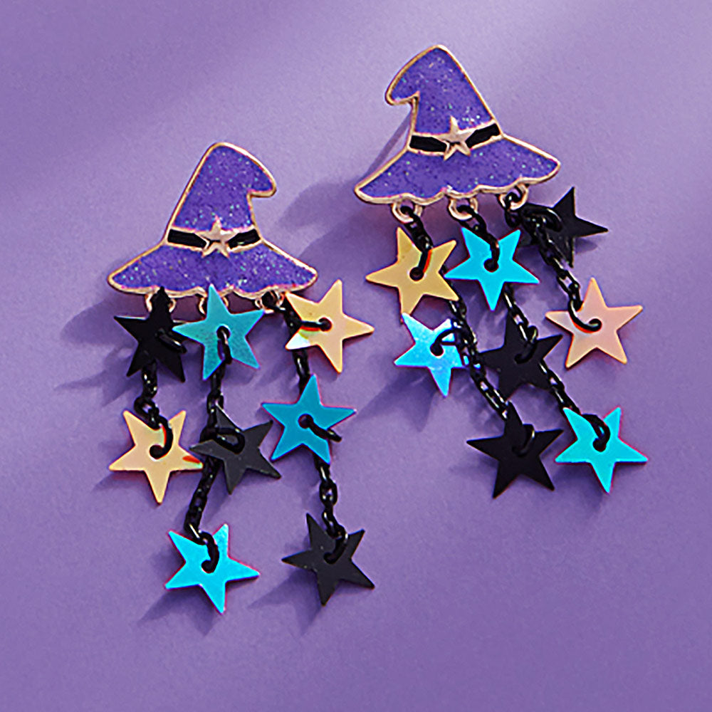 Purple Enamel Witch Hat Star Tassel Earrings