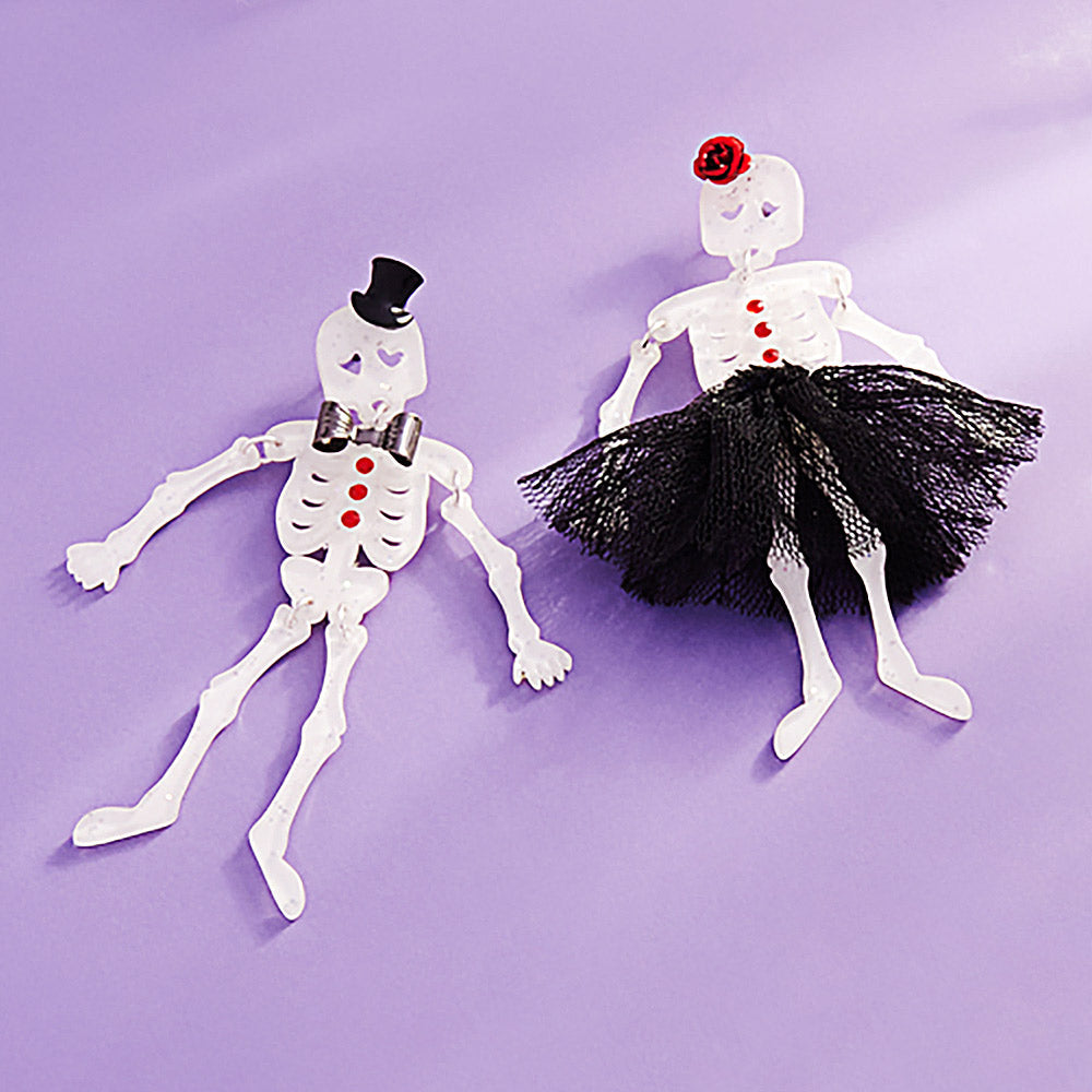 Jet Black Halloween Mr Mrs Skeleton Dangle Earrings