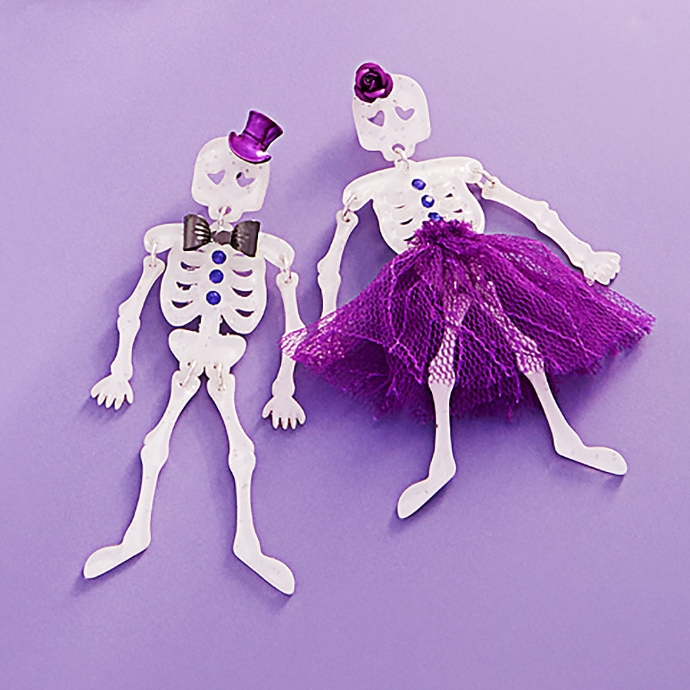 Purple Halloween Mr Mrs Skeleton Dangle Earrings