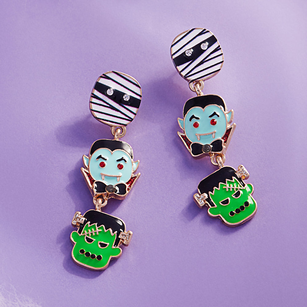 Gold, Multi Enamel Mummy Dracula Frankenstein Link Dropdown Earrings
