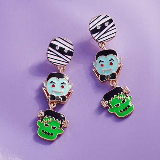 Gold, Multi Enamel Mummy Dracula Frankenstein Link Dropdown Earrings