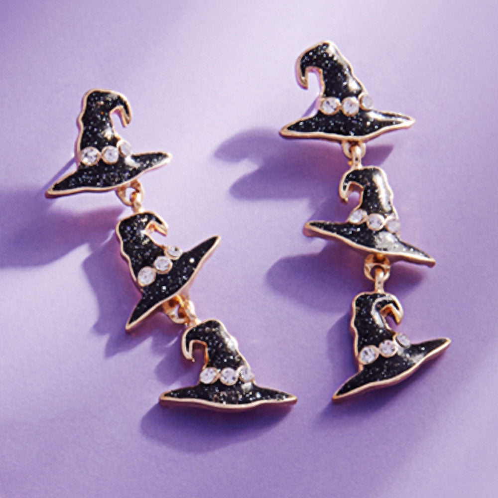 Jet Black Enamel Witch Hat Link Dropdown Earrings