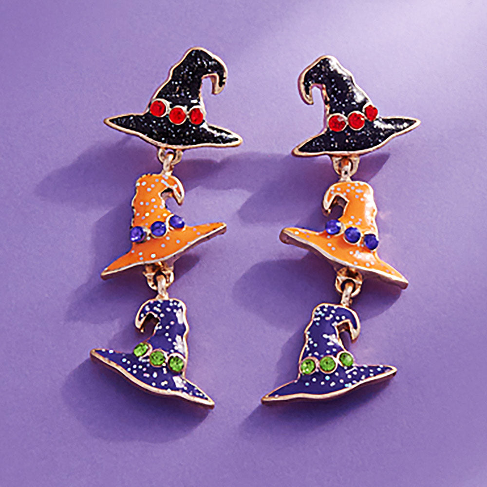 Orange, Purple Enamel Witch Hat Link Dropdown Earrings