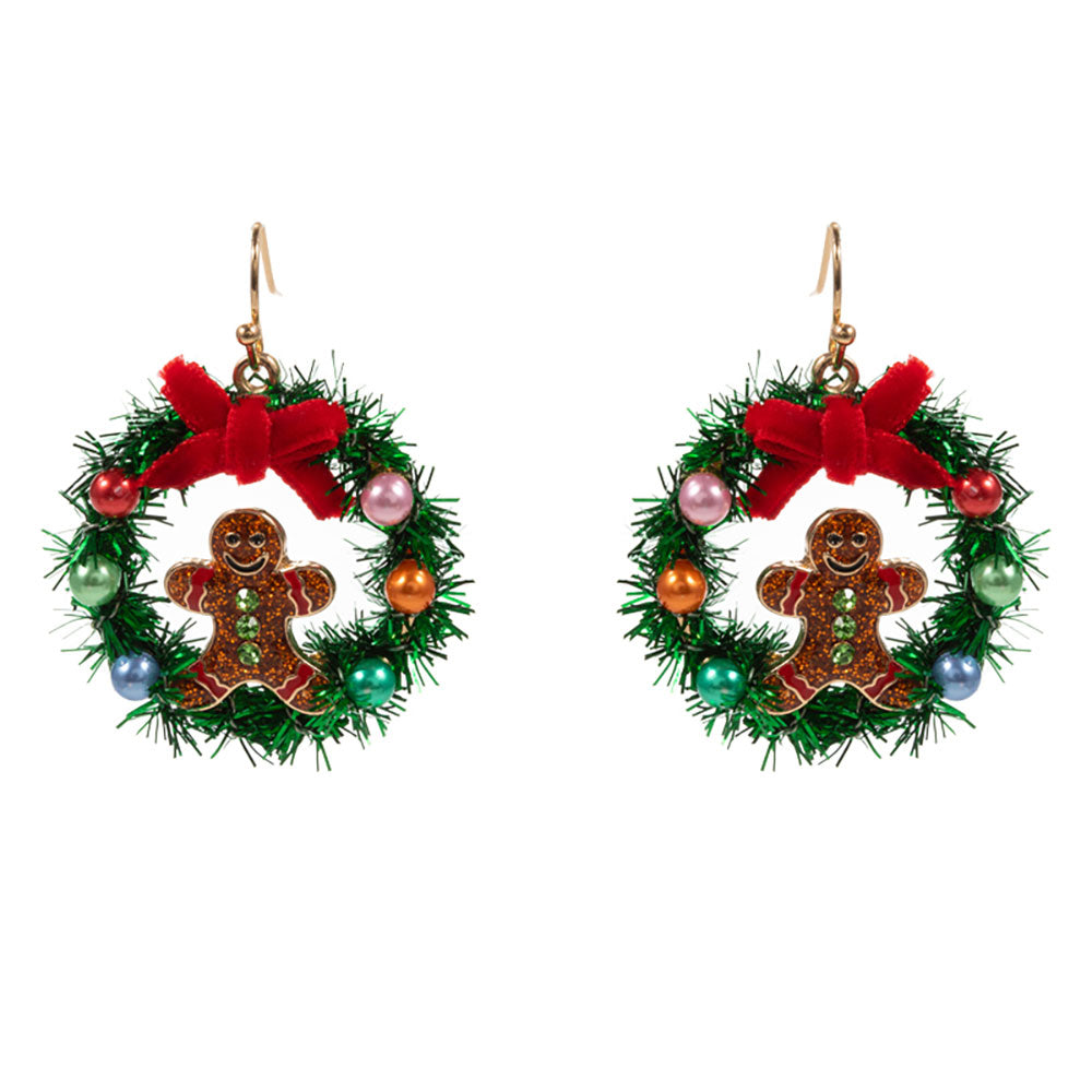 Gold, Enamel Gingerbread Christmas Wreath Dangle Earrings