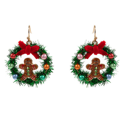 Gold, Enamel Gingerbread Christmas Wreath Dangle Earrings