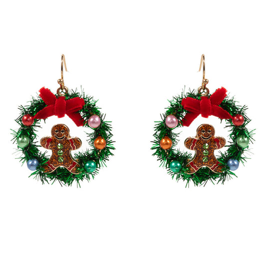 Gold, Enamel Gingerbread Christmas Wreath Dangle Earrings
