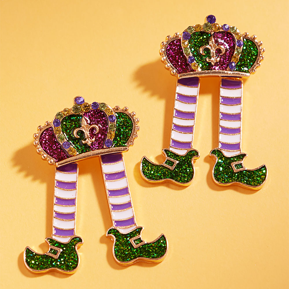Multi, Purple Mardi Gras Glitter Enamel Crown Shoe Earrings