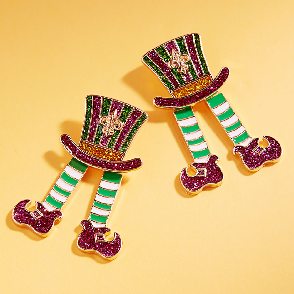 Green, Multi Mardi Gras Glitter Enamel Hat Shoe Earrings