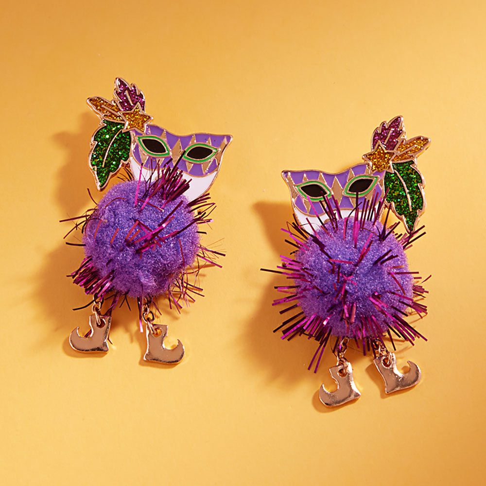Gold, Multi Enamel Mardi Gras Mask Pom Shoes Drop Earrings