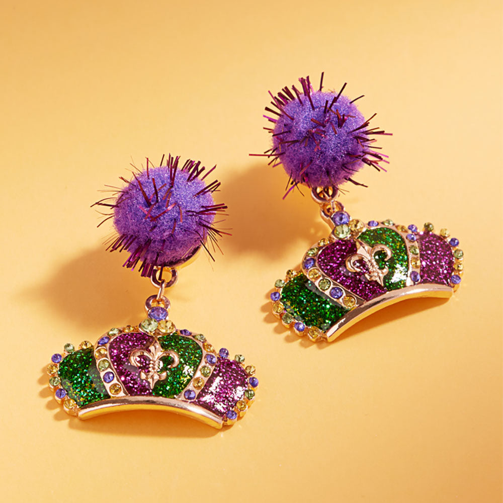 Green, Multi Glitter Enamel Mardi Gras Crown Dangle Pom Earrings