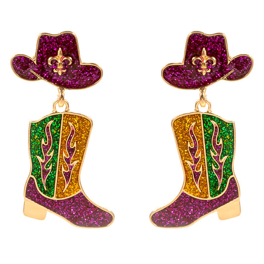 Gold Enamel Glitter Mardi Gras Western Hat Boot Drop Dangle Earrings
