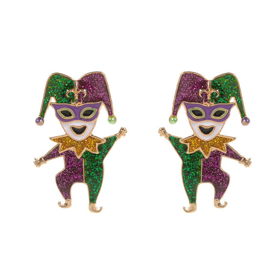 Gold Glittered Enamel Mardi Gras Jester Earrings