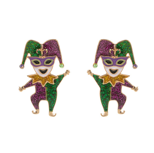 Gold Glittered Enamel Mardi Gras Jester Earrings