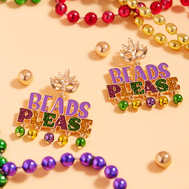 Gold Glittered Enamel BEADS PLEASE Message Dangle Earrings