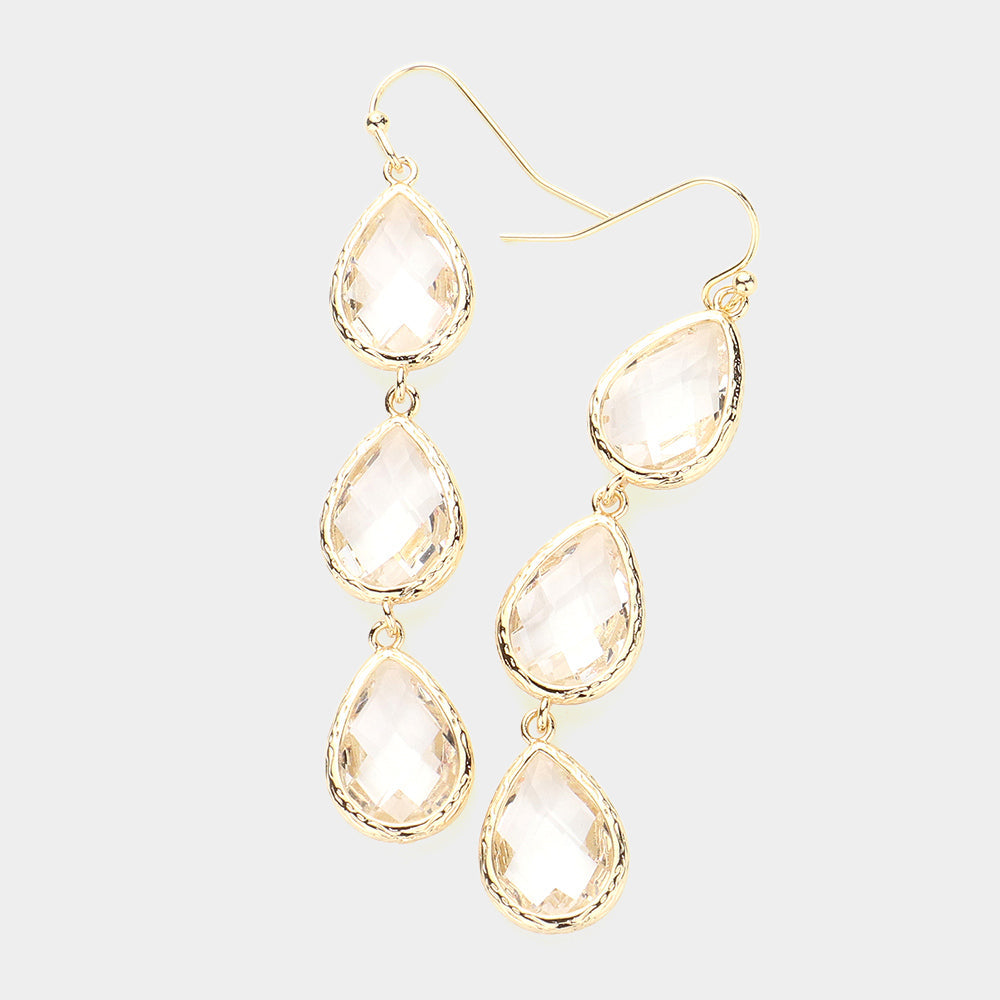 Madeline Love Clear, Gold Triple Teardrop Stone Cluster Dropdown Dangle Earrings