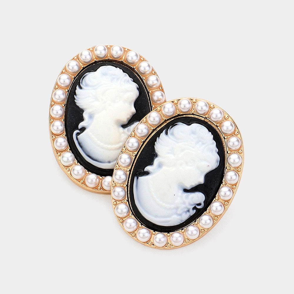 Madeline Love Black Pearl Embellished Cameo Stud Earrings