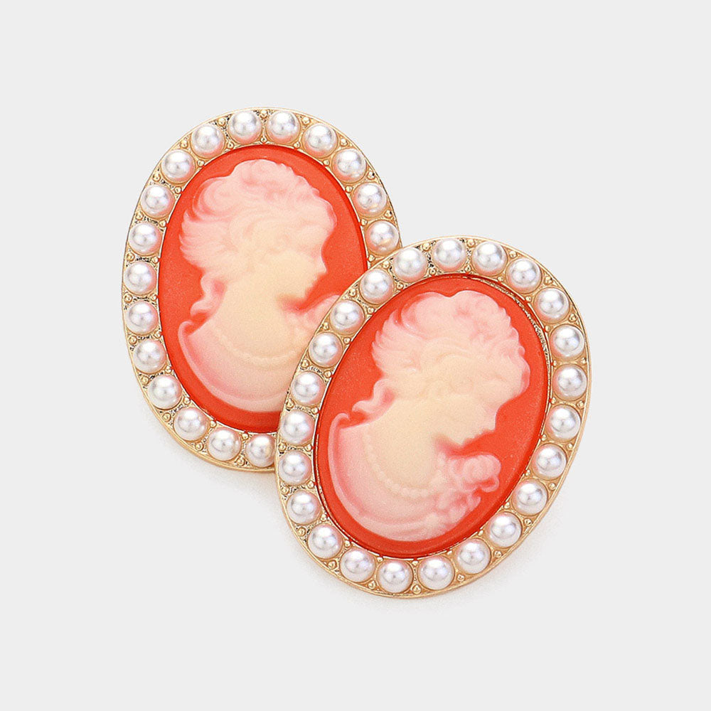 Madeline Love Coral Pearl Embellished Cameo Stud Earrings