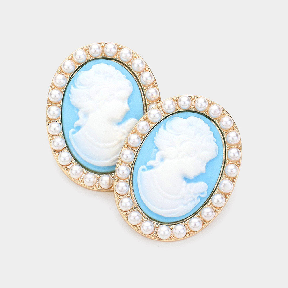 Madeline Love Light Blue Pearl Embellished Cameo Stud Earrings