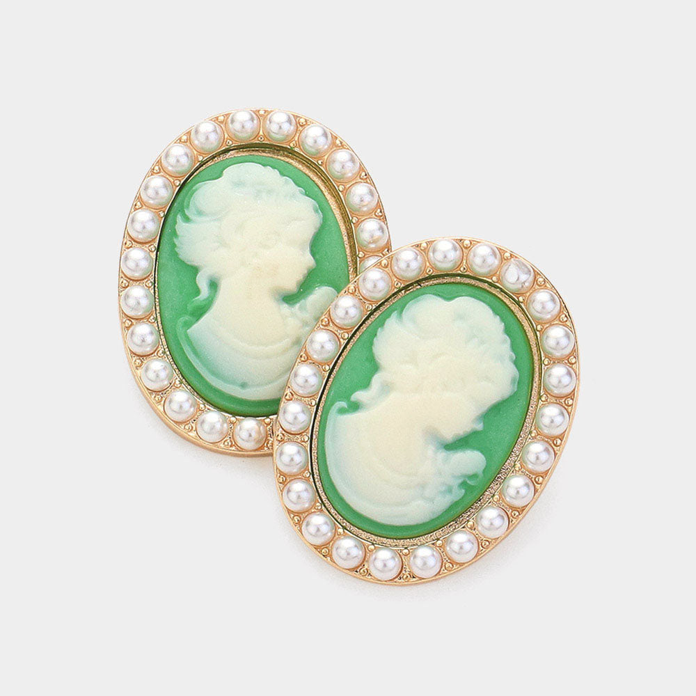 Madeline Love Green Pearl Embellished Cameo Stud Earrings