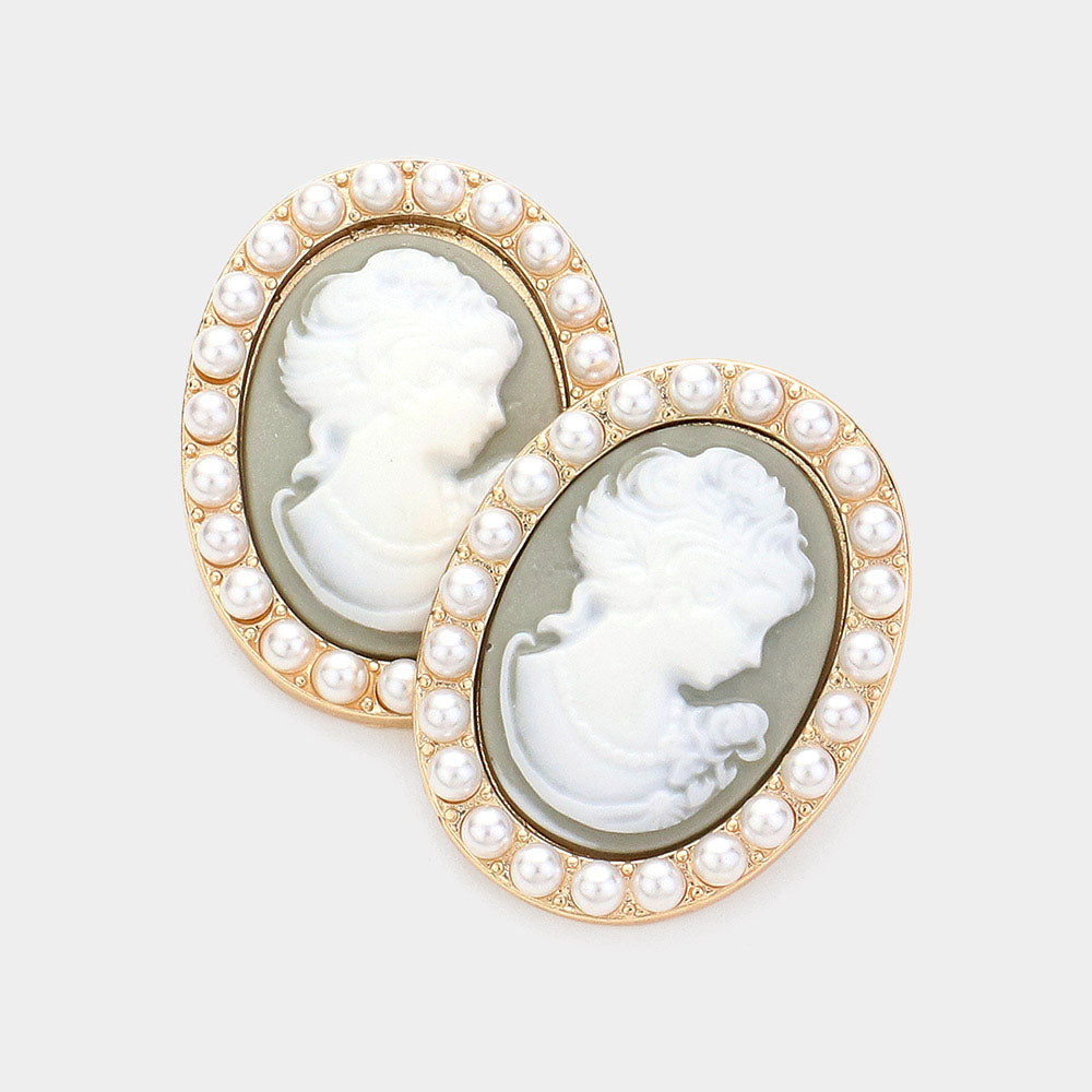 Madeline Love Gray Pearl Embellished Cameo Stud Earrings