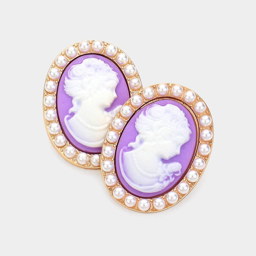 Madeline Love Lavender Pearl Embellished Cameo Stud Earrings