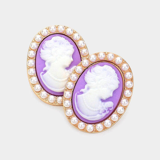 Madeline Love Lavender Pearl Embellished Cameo Stud Earrings