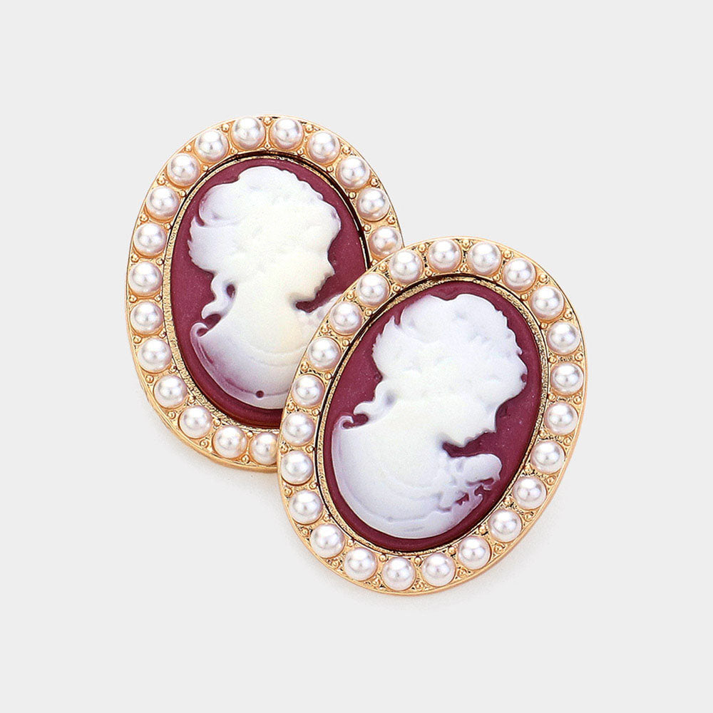 Madeline Love Neutral Pearl Embellished Cameo Stud Earrings