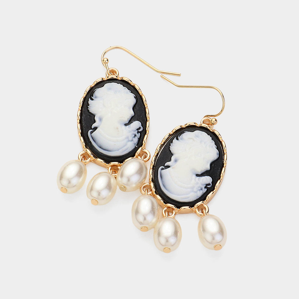 Madeline Love Black Triple Pearl Embellished Cameo Dangle Earrings