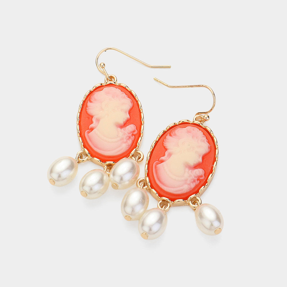Madeline Love Coral Triple Pearl Embellished Cameo Dangle Earrings