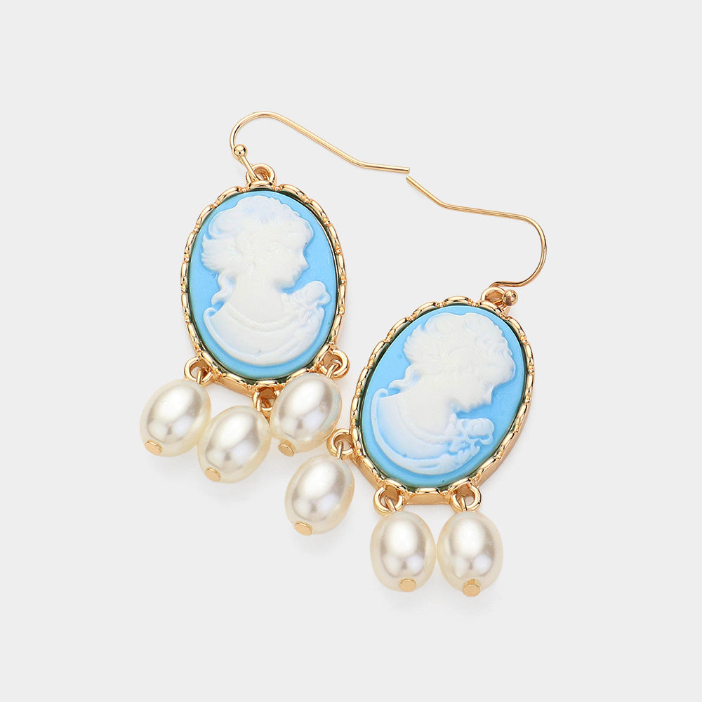 Madeline Love Light Blue Triple Pearl Embellished Cameo Dangle Earrings