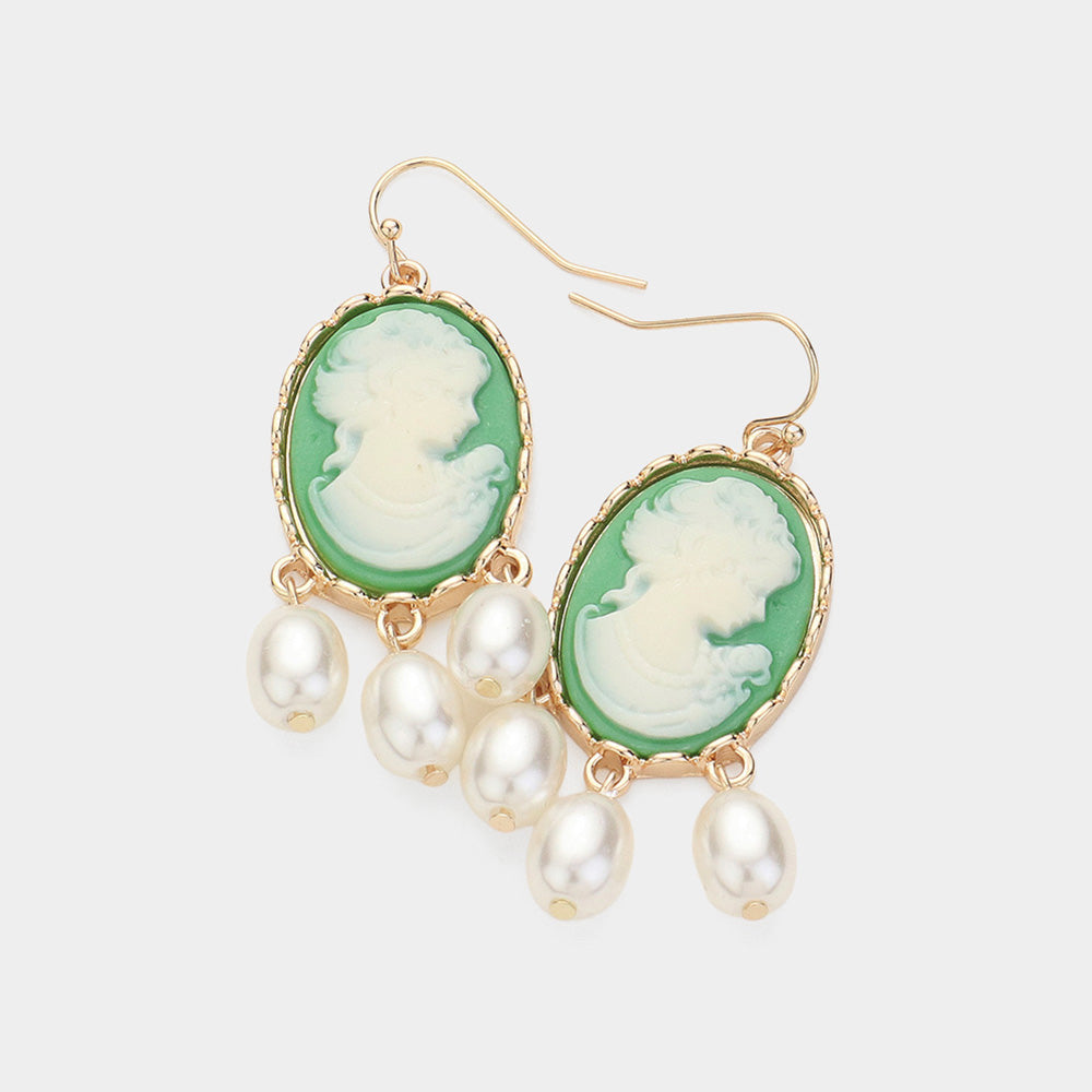 Madeline Love Green Triple Pearl Embellished Cameo Dangle Earrings