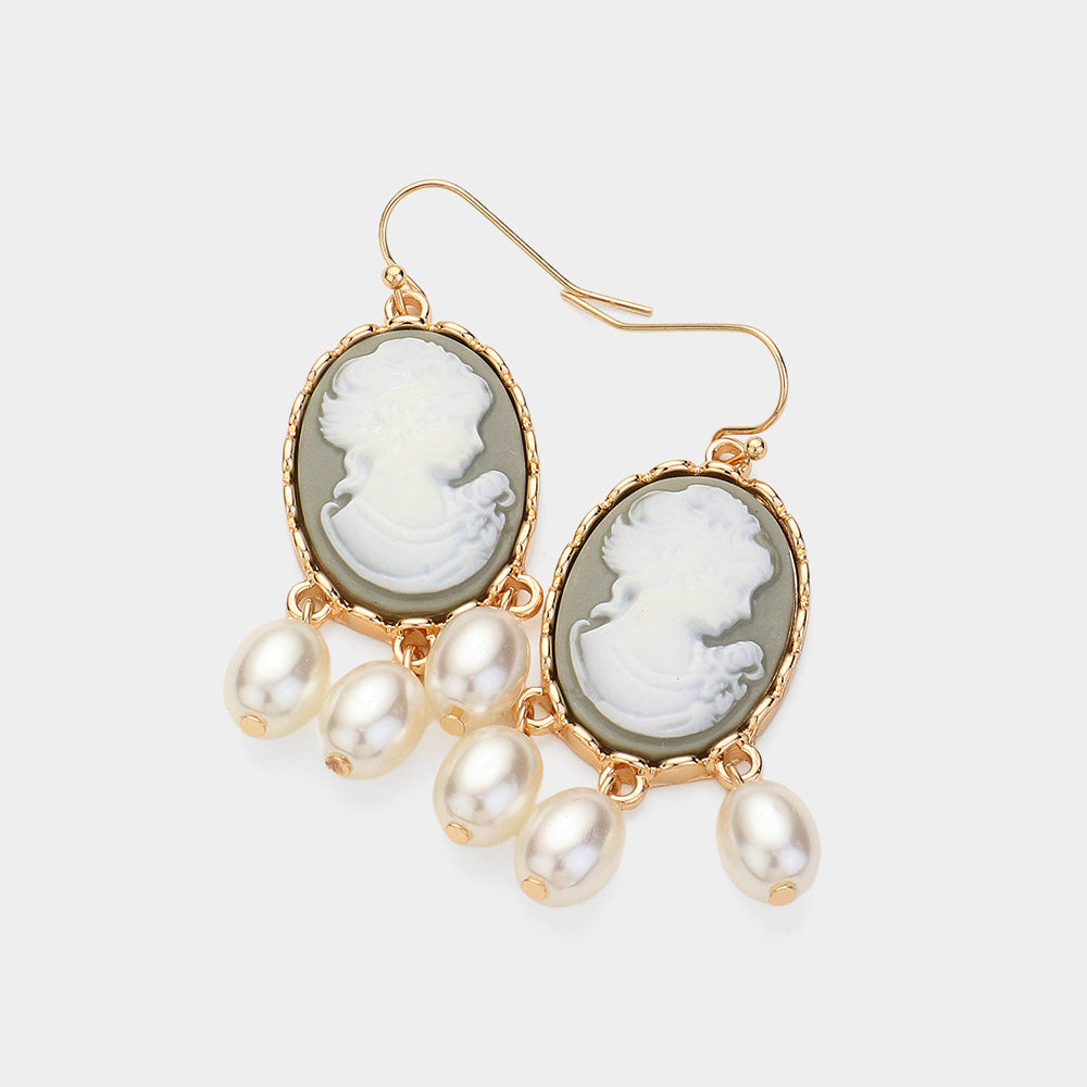 Madeline Love Gray Triple Pearl Embellished Cameo Dangle Earrings